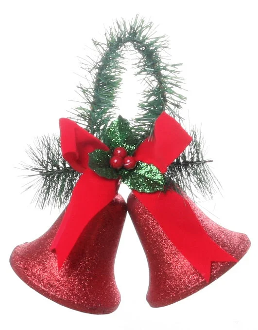 100MM Red Glitter Bell Ornament with Pine Handle