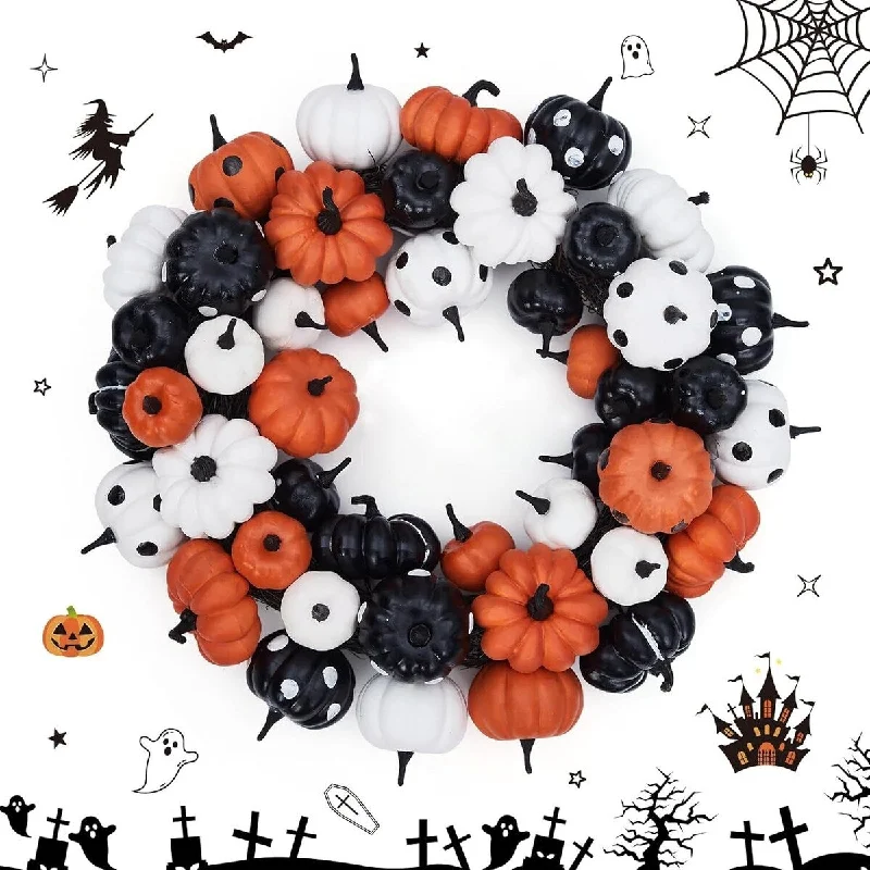 18 Inch Halloween Fall Wreath, Black Orange White Pumpkin