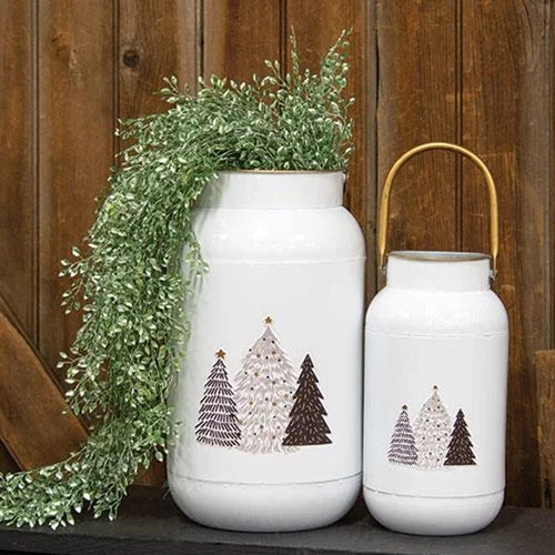 2 Set White Milk Cans with Embossed Trees