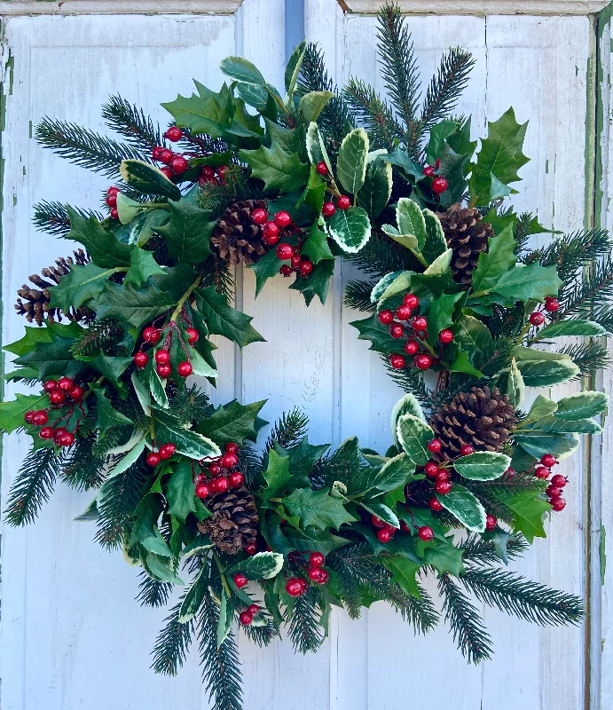 22 Inch Diameter Holiday Wreath with Holly, Fir Branches, Pine Cones, Red Berries for Christmas Decoration, Country charm, Traditional look