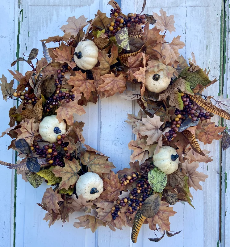 24 Inch Fall Wreath, Round Door Wreath with Leaves, Cream Pumpkins, Berries, Faux Feathers, Thanksgiving Harvest Decor