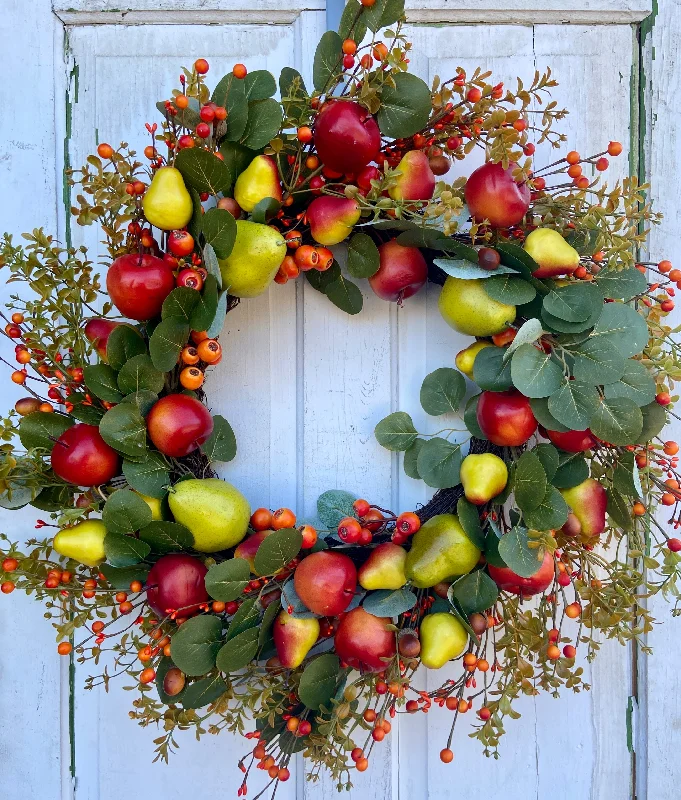 24 Inch Round Fruit Wreath, Fall Thanksgiving Welcome Front Door Decor, Red Apples, Green Pears, Leaves, Berries