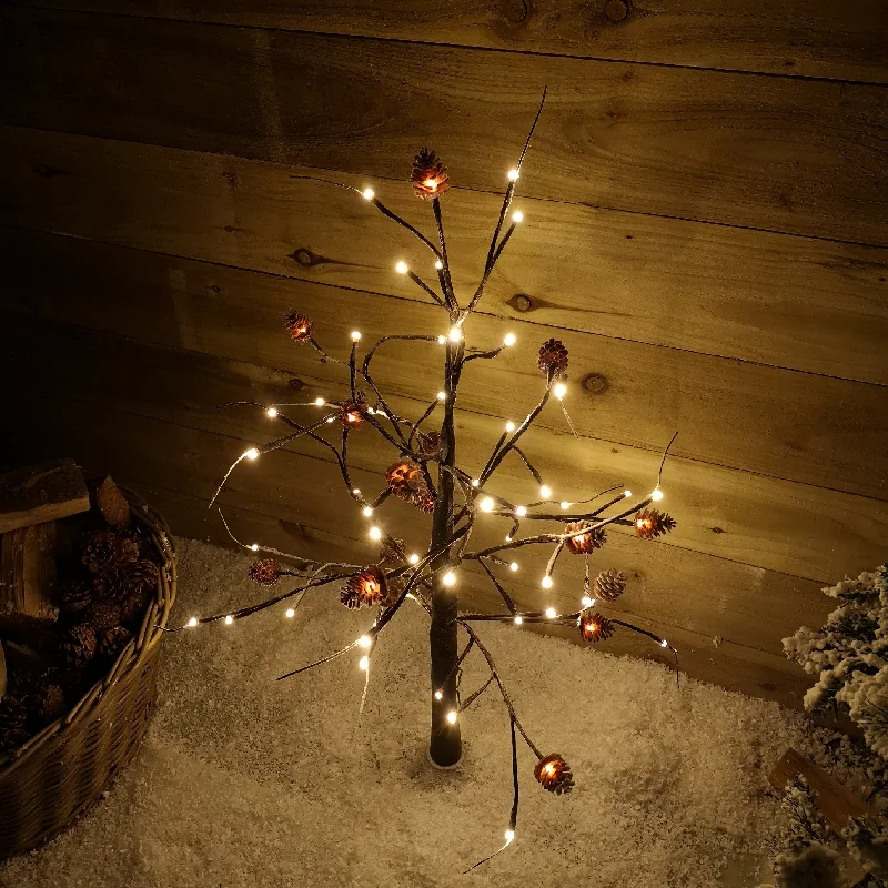 3ft Snowy Brown Twig Outdoor Christmas Tree with Pine Cones & 64 Warm White LEDs