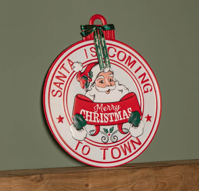 47cm Round Metal Santa is Coming to Town Sign - Red & White