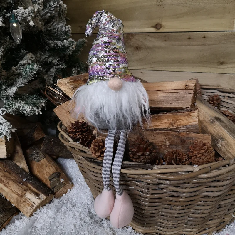 49cm Festive Christmas Sitting Gonk with Dangly Legs & Sequin Hat in Pink & Grey