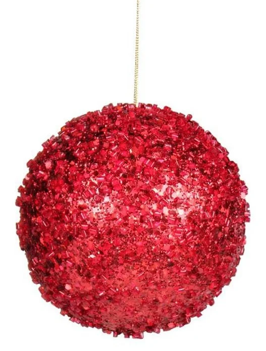 4" Red Beaded Glitter Ball Ornament