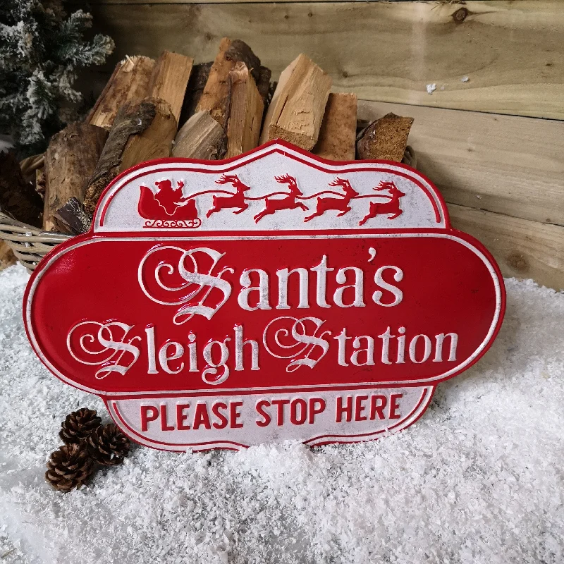 51cm Red and White Metal Christmas Santa Sleigh Station Sign