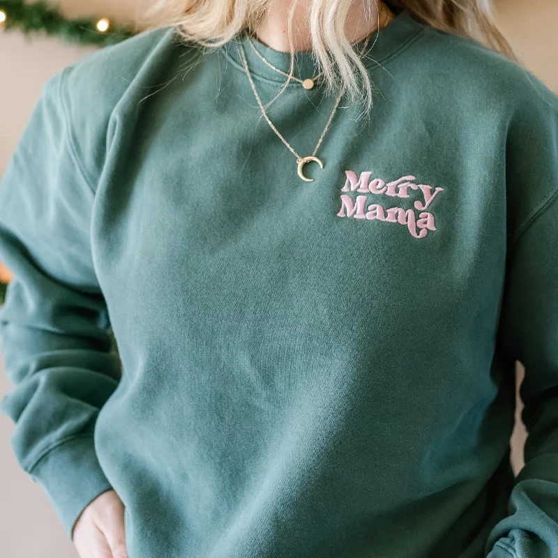 Embroidered PIGMENT Crewneck - Merry Mama (Light Pink Thread)