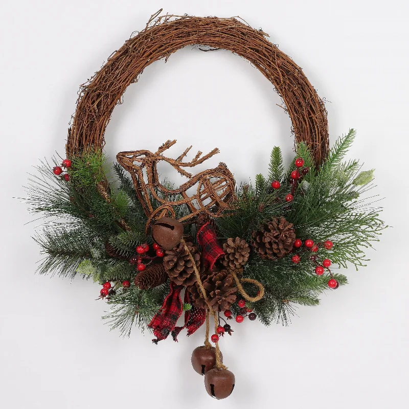 Grapevine wreath with reindeer and bells