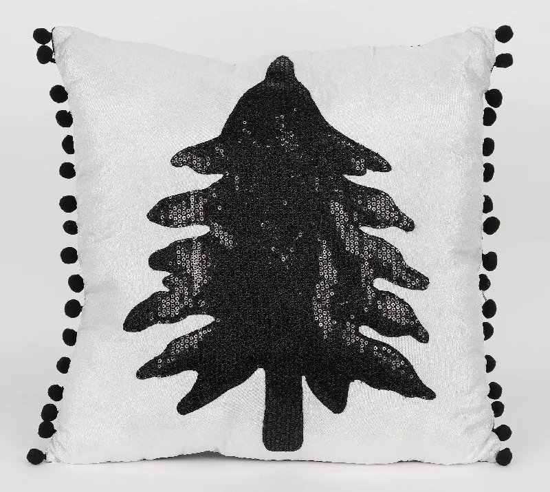 Square glittered black and white pillow with tree