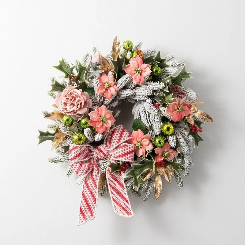 Cindy Lou Who - Snowy Pink Peony & Frosty Peppermint Stripe Bow Festive Christmas Front Door Wreath