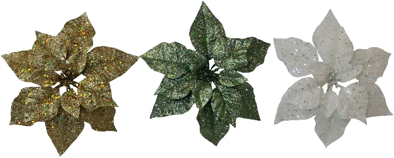 Clip-On Poinsettia Ornament (Gold/Forest Green/White)