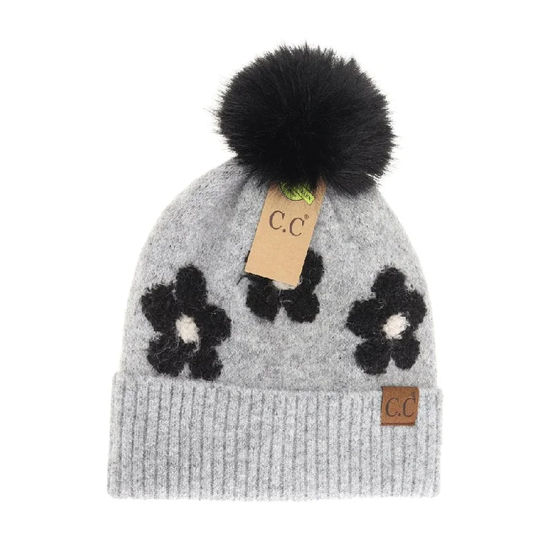 CC Beanie : Daisy Contrast Faux Fur Pom in Heather Light Grey