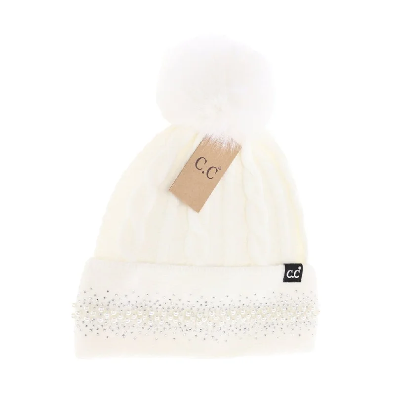 CC Beanie : Pearl Embellished Cuff Faux Fur Pom in Ivory