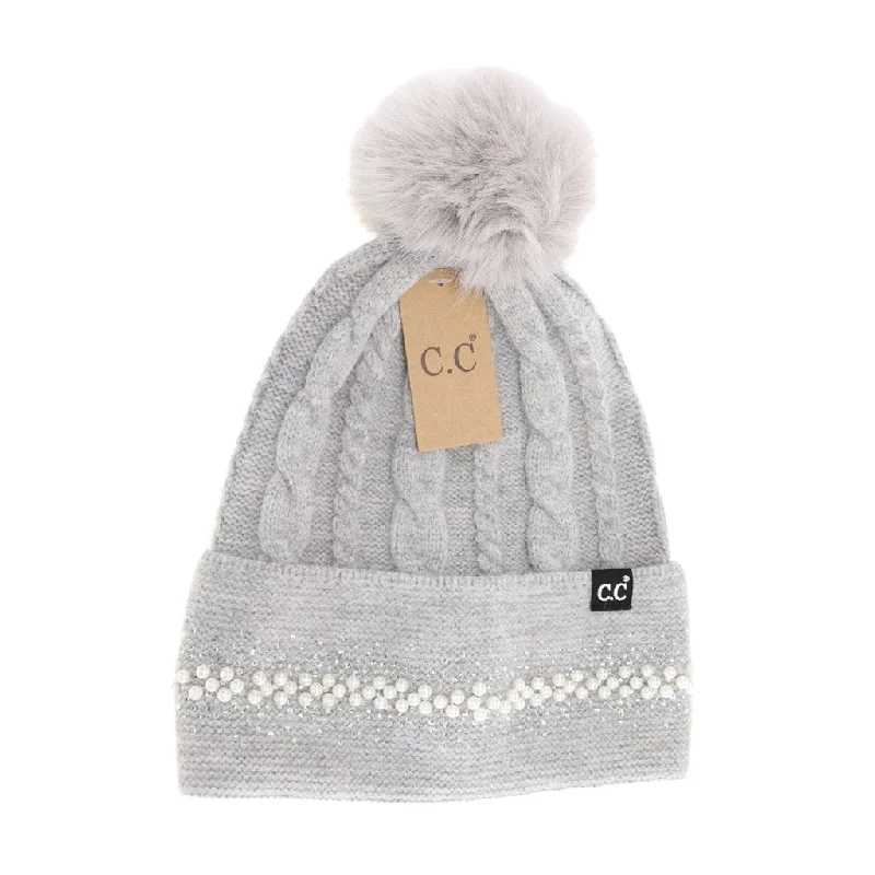 CC Beanie : Pearl Embellished Cuff Faux Fur Pom in Light Grey