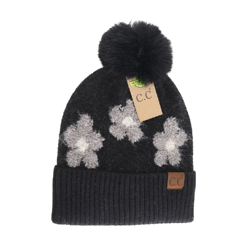 CC Beanie : Daisy Contrast Faux Fur Pom in Heather Black