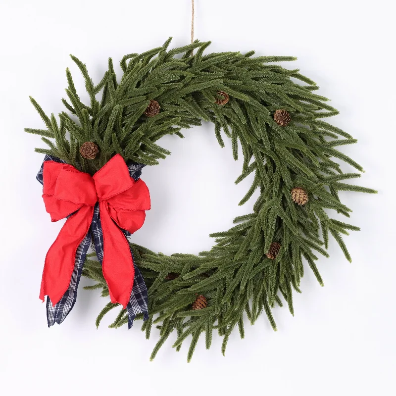 Wreath with blue checkered and red bow