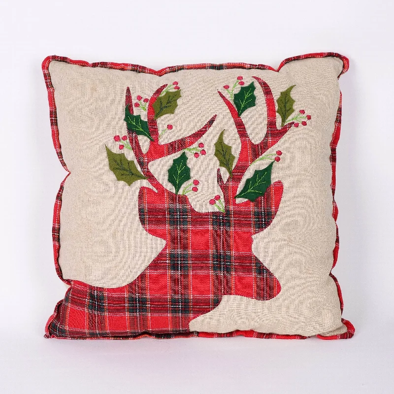 Square pillow with red plaid deer