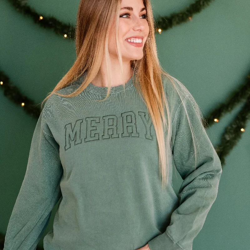 Embroidered PIGMENT Crewneck - Tone on Tone - Merry (Outline)