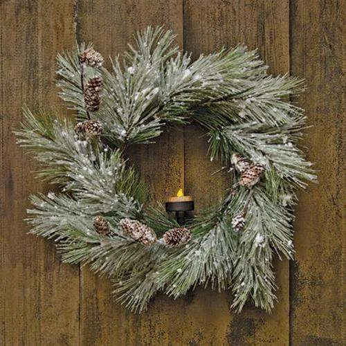 Flocked Pine Wreath w/Pinecones, 18"