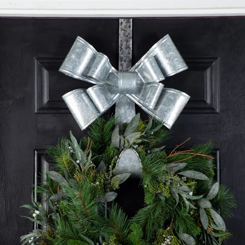 Galvanized Silver Metal Bow Decorative Christmas Holiday Door Swag Wreath Hanger