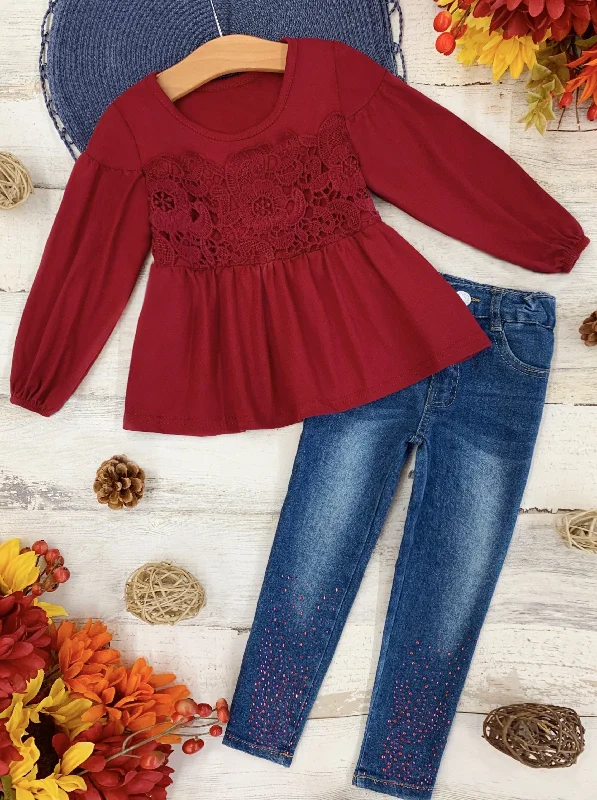 Cranberry Lace Sparkle Jeans Set