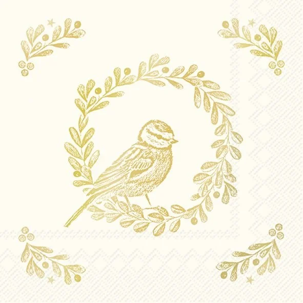 Gold Bird in Wreath Paper Napkin - Cocktail