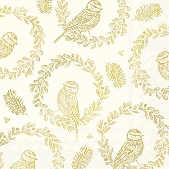 Gold Bird in Wreath Paper Napkin - Lunch