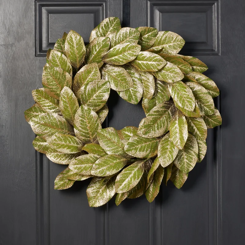 Green & Gold Metallic Magnolia Leaf Front Door Holiday Wreath Shimmering Christmas Mantel Decor