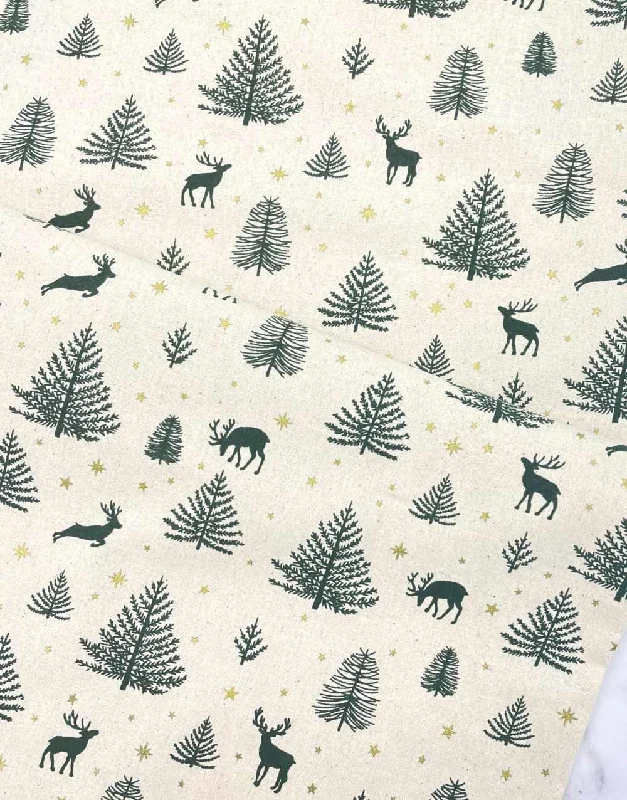 Green Reindeers & Trees with Metallic Gold Stars Christmas Fabric