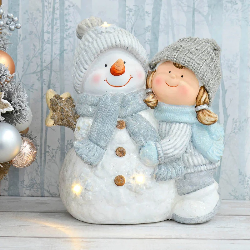 Light Up Christmas Decoration Snowman Child Ceramic Figure 37cm