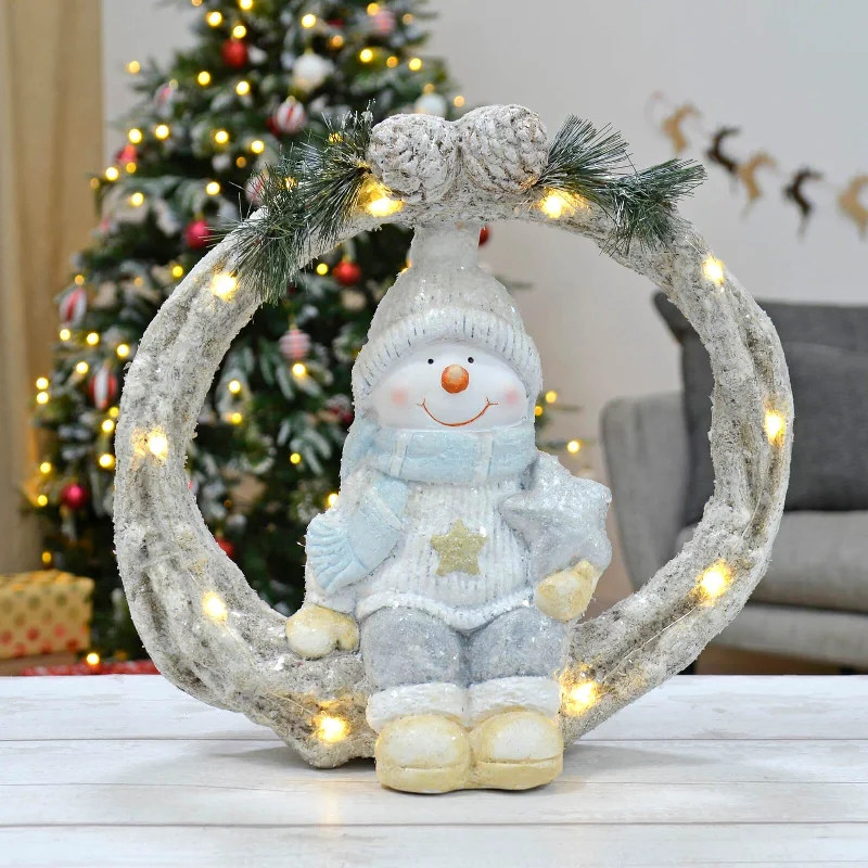 Light Up Christmas Figure On Wreath Ceramic Decoration 40cm