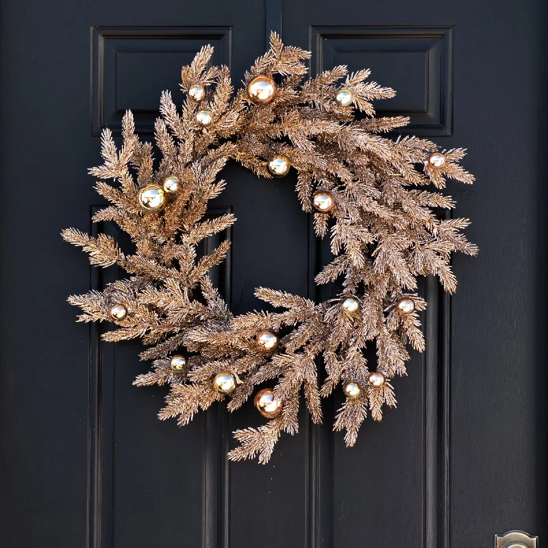 Metallic Glitter Vintage Style Christmas Pine & Gold Ornament Holiday Front Door Wreath