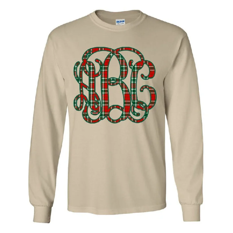 Monogrammed 'Christmas Plaid' Big Print Basic Long Sleeve T-Shirt