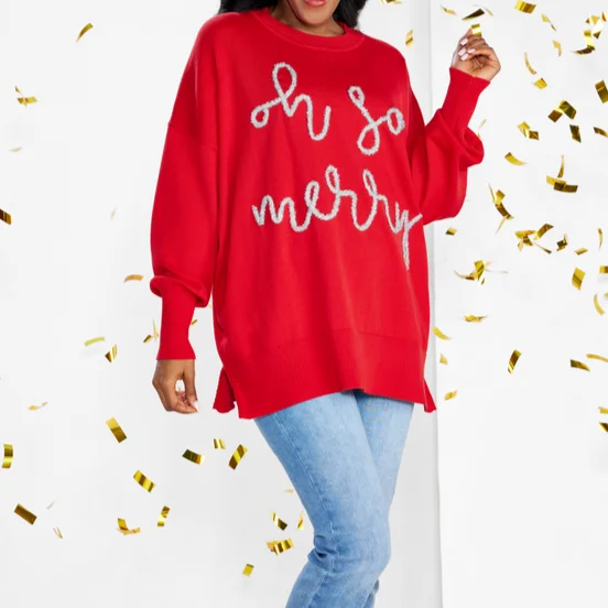 Mud Pie "Oh So Merry" Red Holiday Sparkle Sweater