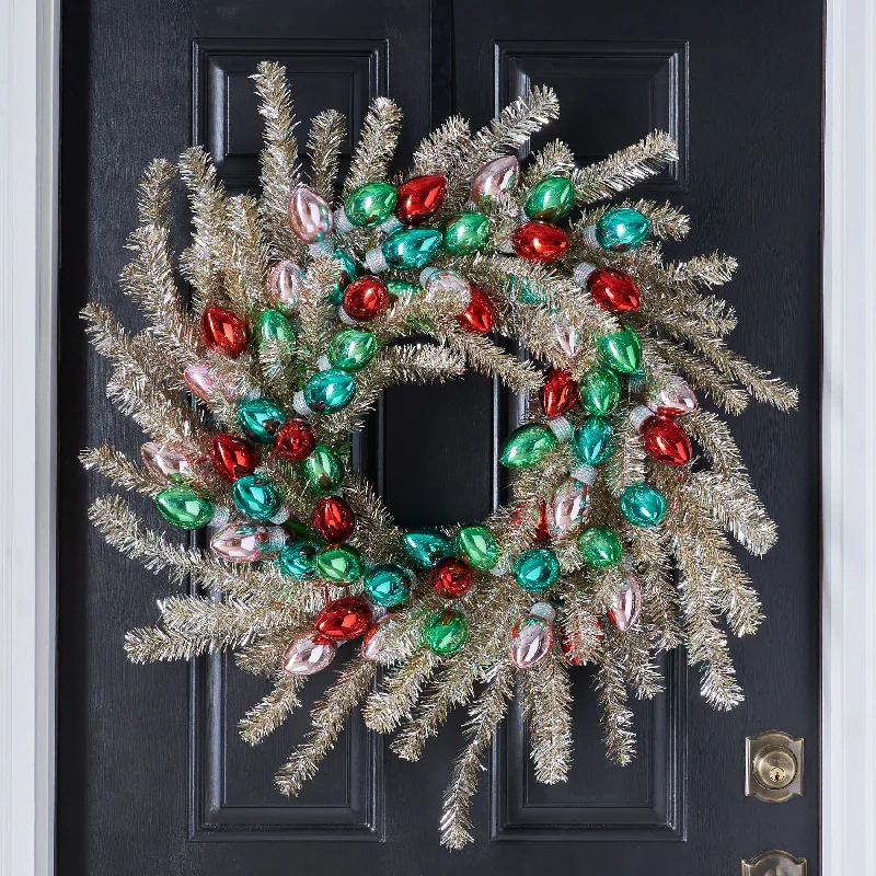 Razzle Dazzle Christmas - Gold & Silver Tinsel Wreath with Vintage Bulbs In Pink, Turquoise, Green & Red