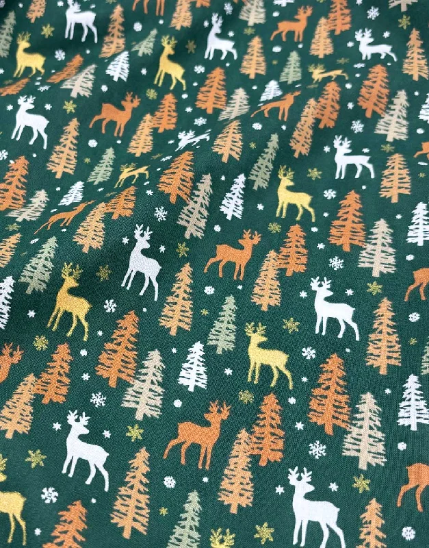 Remnant 1.8m -Green & Gold Foiled Reindeer Christmas Cotton Poplin Fabric