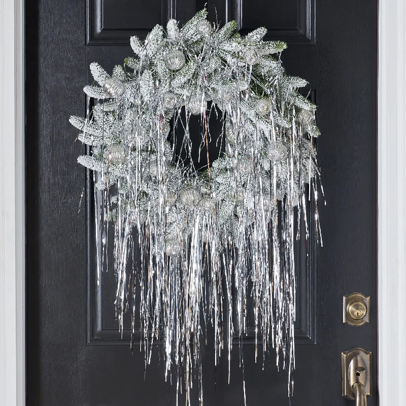 Retro Holiday Glamour - Silver Draped Tinsel with Mini Mercury Look Ornaments on Snow Pine Christmas Door Wreath