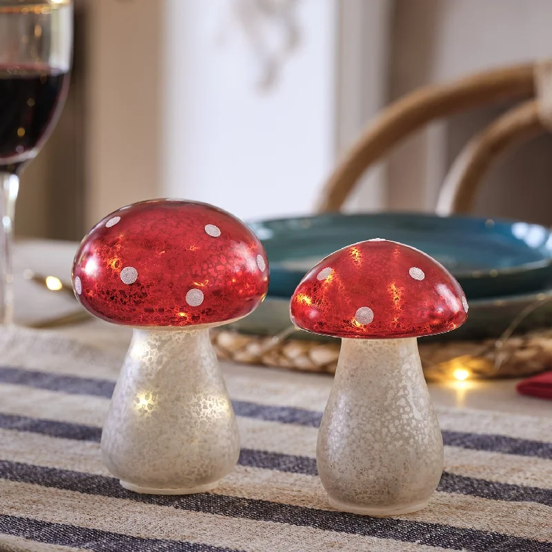 Set of 2 Glass LED Christmas Toadstools