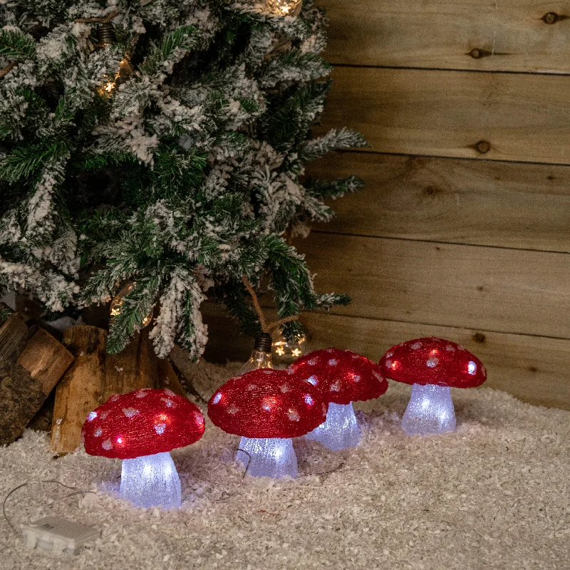 Set of 4 Battery Operated Red & White Acrylic Christmas Mushrooms with Cool White LEDs