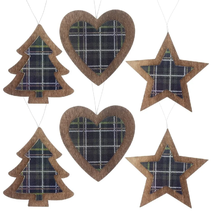 Set of 6 Tartan Wooden Hanging Christmas Tree Decorations