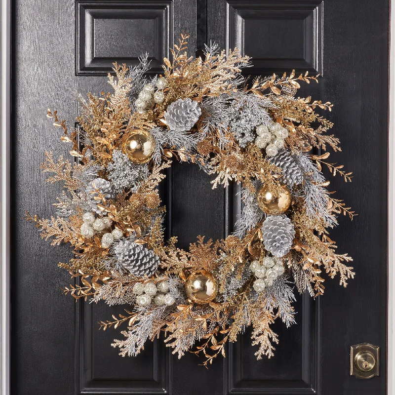 Silver & Gold Mixed Metallic Modern Front Door Christmas Wreath with Champagne Cedar, Pinecones & Ornaments