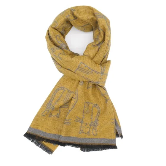 Sketched Cats Woven Scarf Mustard & Grey