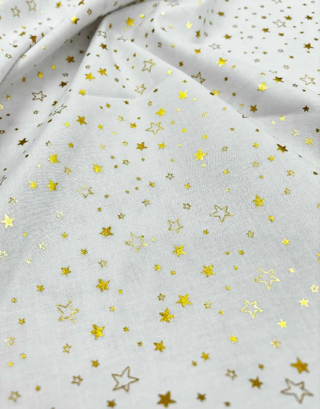 White & Gold Foil Stars Christmas Cotton Poplin Fabric