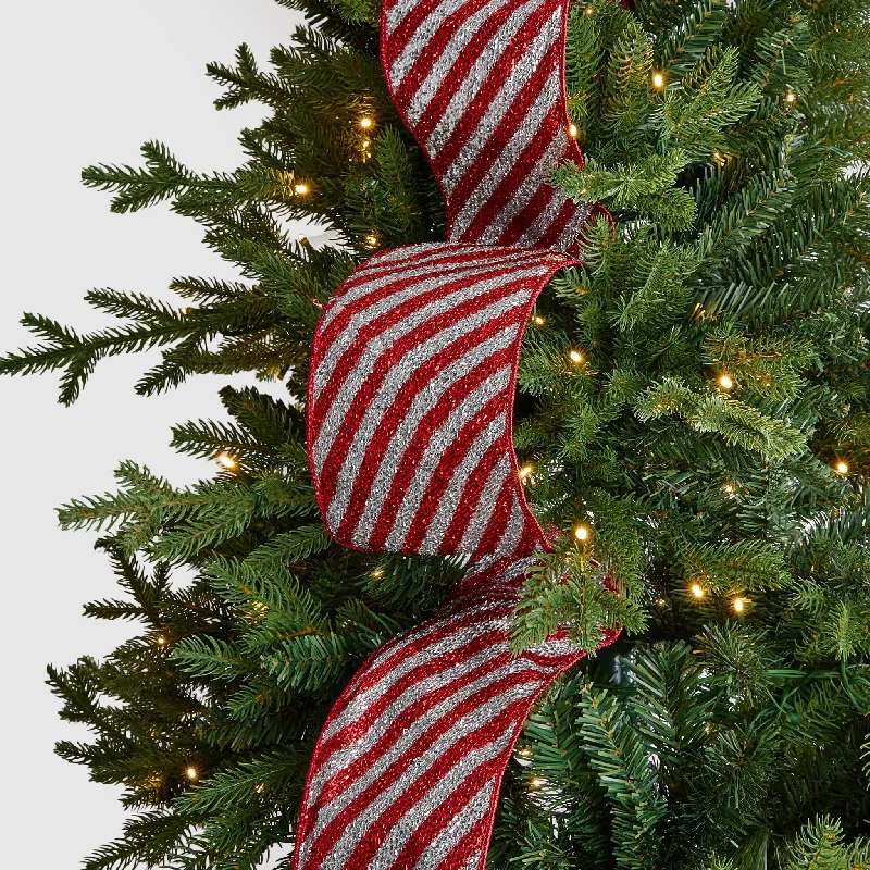 White Velvet & Red Glitter Stripes Christmas Ribbon