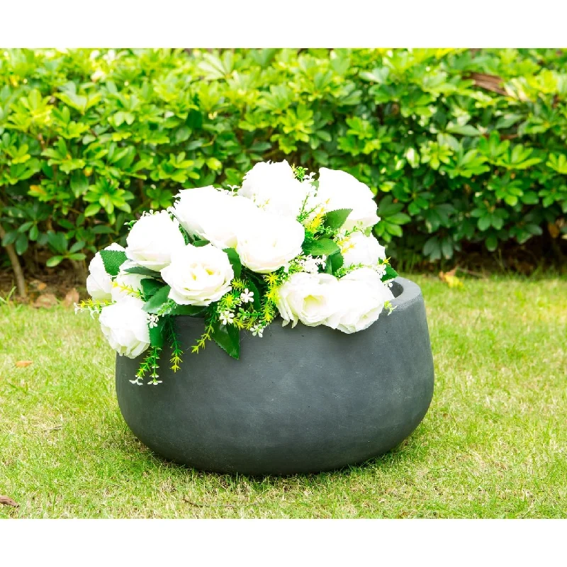 16"W Round Charcoal Lightweight Concrete/Fiberglass Indoor Outdoor Elegant Bowl Planter - 16"W x 16"L x 8"H