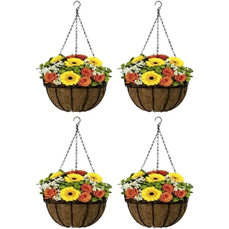 4 Pack Metal Hanging Planter Basket Huge 14 Inch Hanging Flower Pot Basket & Coco Coir Liner for Indoor/Outdoor Garden