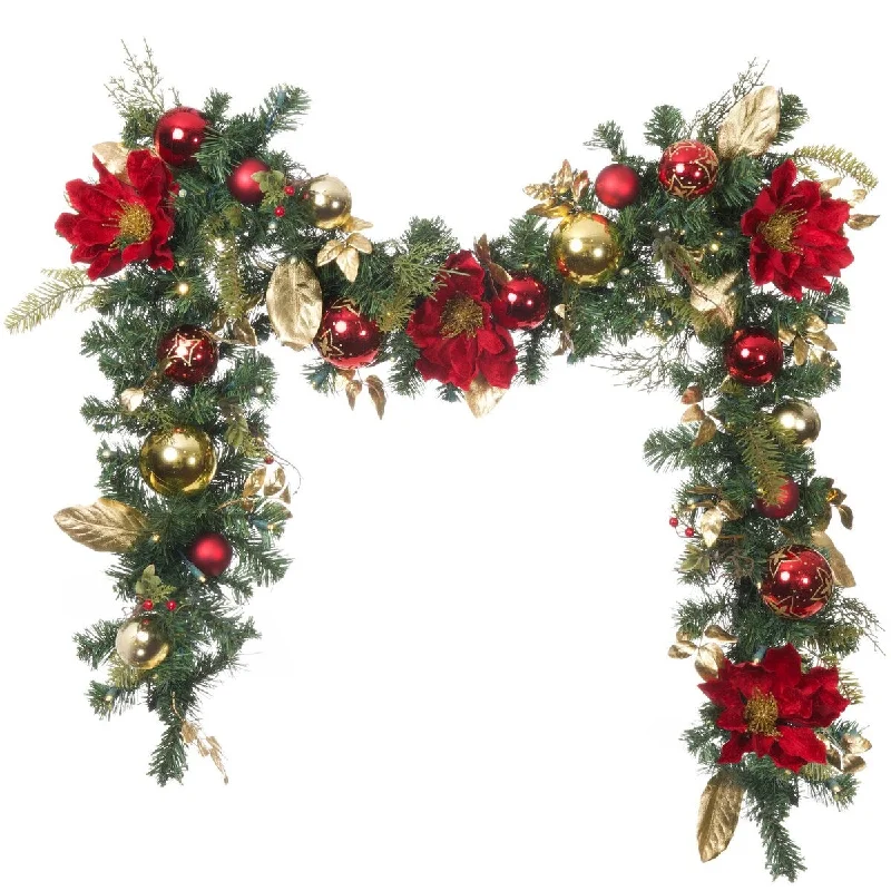 9 ft. Artificial Christmas Garland with Lights - Golden Leaf Red Magnolia - 9 Foot