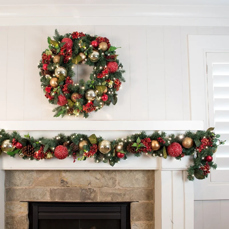 9 ft. Artificial Christmas Garland with Lights - Scarlet Hydrangea - Red