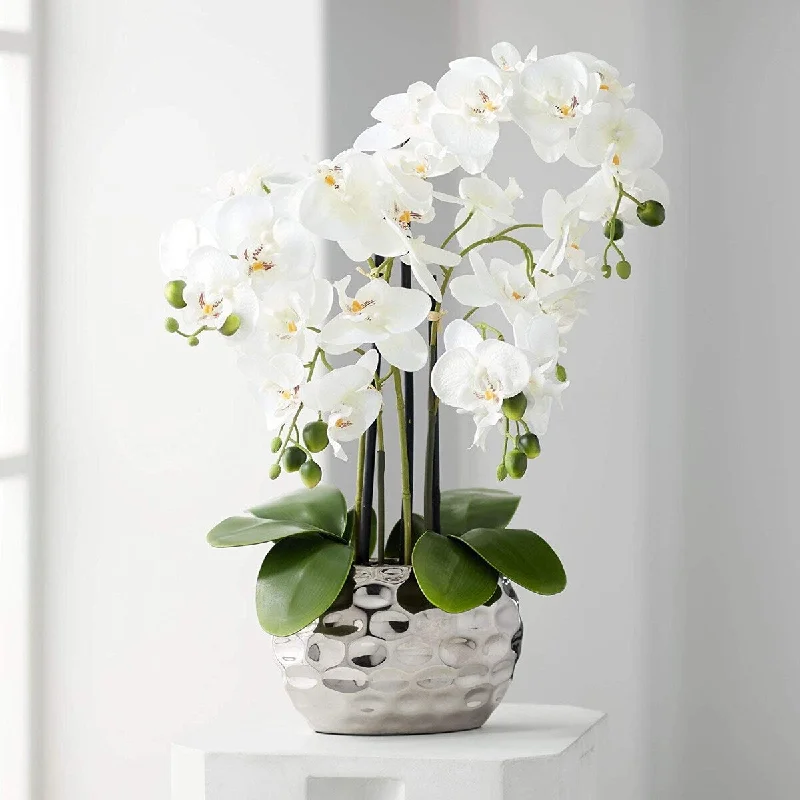 Artificial Orchid Phalaenopsis Plant Including Metallic Vase, 24"